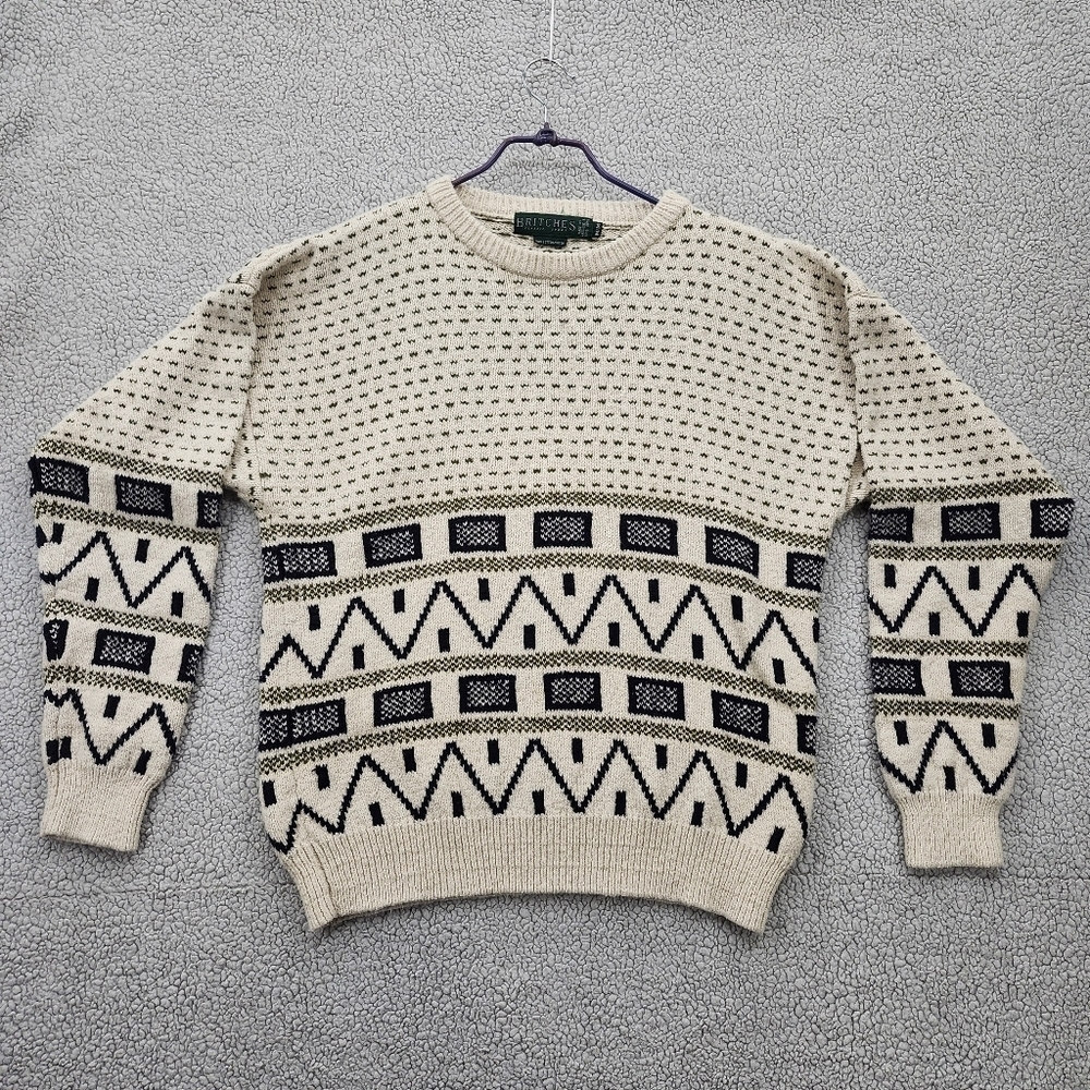 Britches Sweater Mens Medium 100% Cotton Tan Black Knit Crew Neck Long Sleeve
